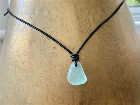 Simple Small Sea Glass Necklace Adjustable Black Leather Cord Genuine