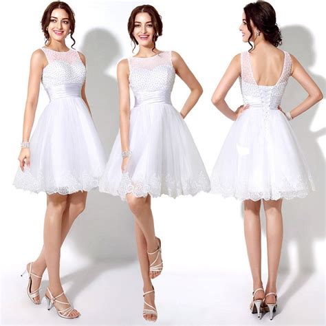 White Pearls Backless Lace Short Formal Prom Dress Cocktail Dress