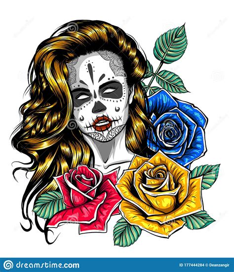 Day Of Dead Girl With Roses Isolated On White Stock Vector