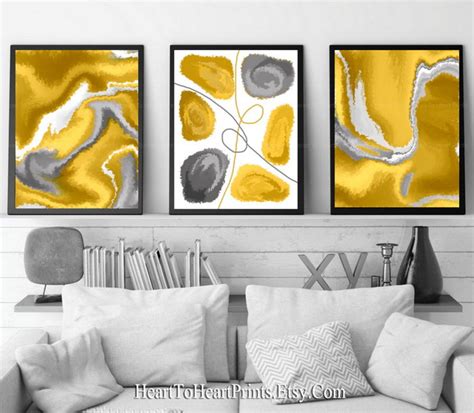 Yellow Gray Abstract Wall Art Set Of 2 Prints Mustard Modern Etsy