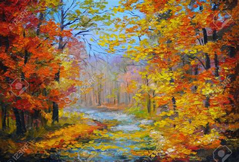 Oil Painting Landscape Colorful Autumn Forest With The Trail