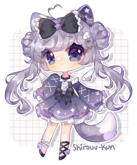 A Drawing Of A Girl With Purple Hair And Cat Ears Wearing A Dress That Has Stars On It