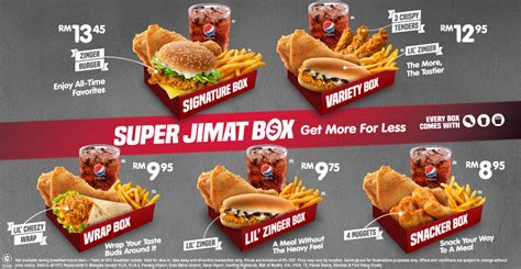 The kfc super jimat box extended range comprises of five value priced boxes that are specially designed to include all kfc favorites so that loyal customers can enjoy a value box meal without compromising on variety or taste. KFC New Super Jimat Box - f i n d i n g // f a t s