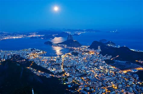 Brazil Rio De Janeiro Sea Coast Town Night Lights Sky Moon Panorama Hd Wallpaper
