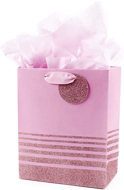 Hallmark 9 Medium T Bag With Tissue Paper Pink Glitter Stripes