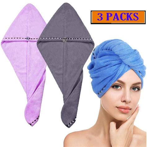 3 Pack Hair Towel Wrap Turban Microfiber Drying Bath Shower Head Towel With Buttons Quick Magic