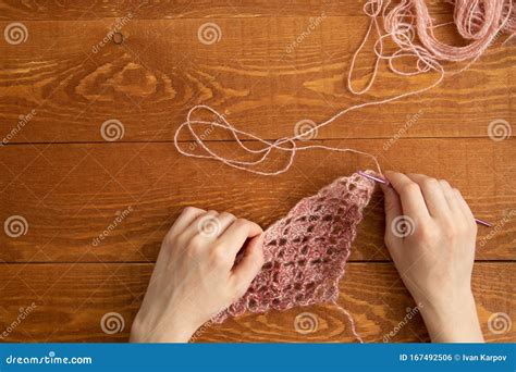 Character Woman Knitting Clothes With Pink Thread Stock Photo Image