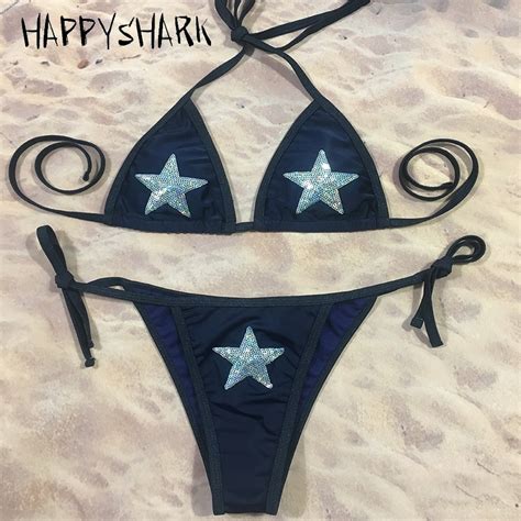 Happyshark 2018 New Shiny Sequin Bikinis Women Sexy Brazilian Micro Trikini Summer Blue Star