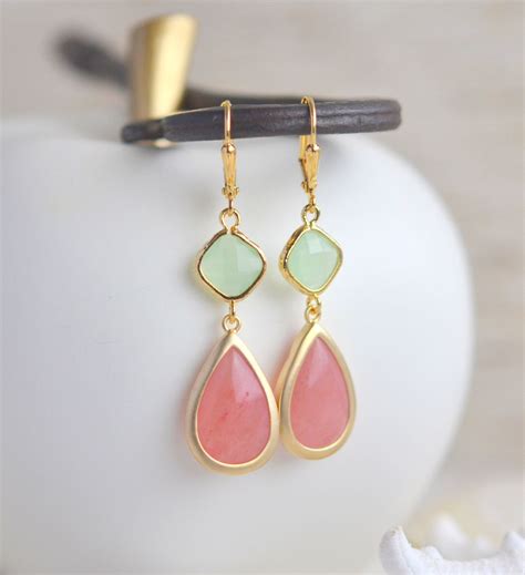 Bridesmaids Earrings In Coral Pink And Mint Dangle Earrings Etsy