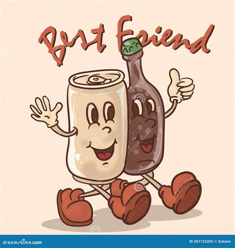 Best Friend Concept Mascot Beer Bottle And Can Walking Together Funky
