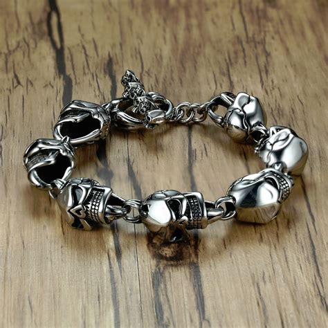 Men Skull Bracelets Stainless Steel Skulls Head Chain Bangle Bracelet