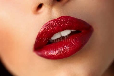 Closeup Beautiful Woman Lips With Red Lipstick Beauty Makeup Stock
