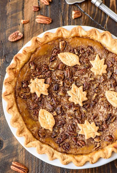 4line the crust with a piece of parchment paper or aluminum foil and fill it with pie weights. Pumpkin Pecan Pie