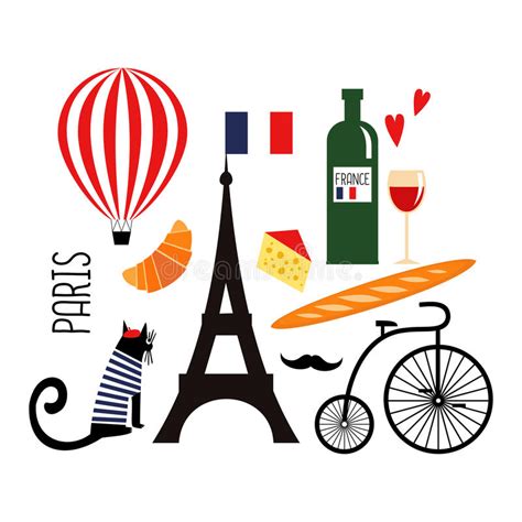 Cute Cartoon French Culture Symbols Wine Eiffel Tower Baguette