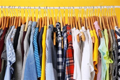 Hangers With Colorful Clothes On Rack Closeup — Stock Photo