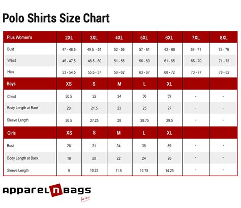 Polo Shirt Size Chart And Measurements Guide Apparelnbags