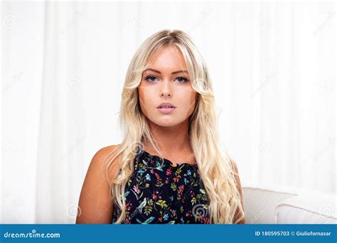 Young Blonde Woman With Mask Tan Lines On Her Face Stock Image Image