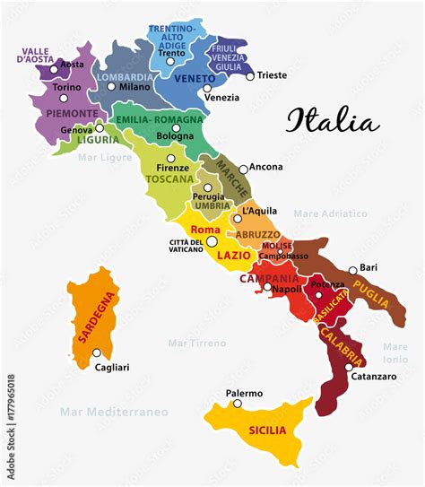 Mappa Dellitalia Colorata Con Regioni Capitale E Capoluoghi