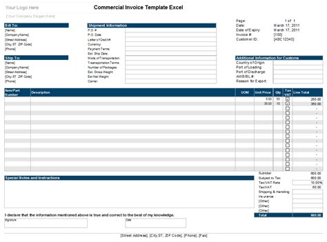 Commercial Invoice Template Excel Xls Microsoft Excel Templates