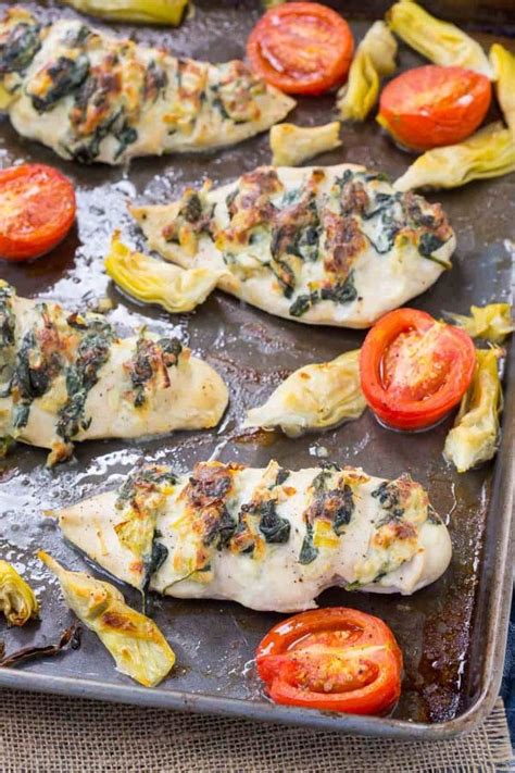 Place one slice of apple and one slice of gouda into each opening of chicken. Hasselback Chicken with Spinach and Artichoke - Sheet pan ...