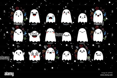 Set Of Various Cartoon Ghosts With Emoticons Doodle Ghouls Eyes And