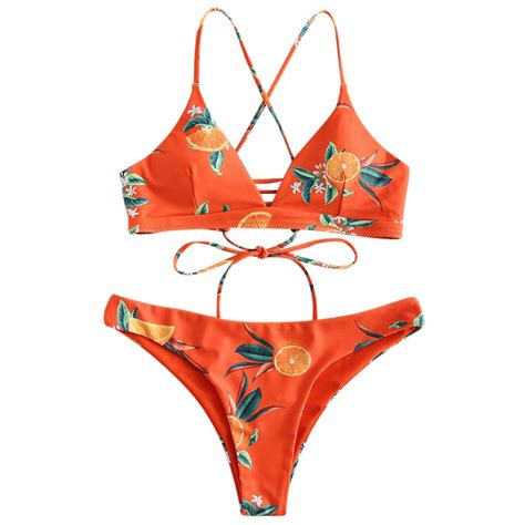Zaful Bikini Orange Print Back Criss Cross Lace Up Swimwear Cute Padded