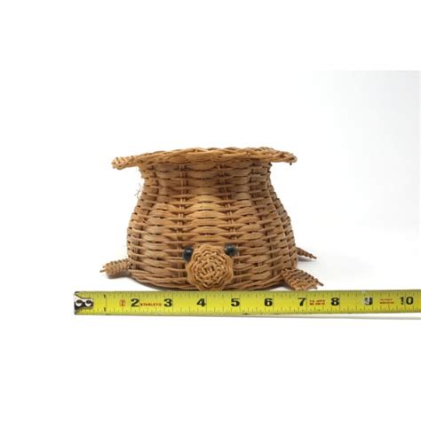 Cute homeless whimsical green turtle wicker basket that measures 12 inches long by 8 1/4 inches across his the basket opeing is oval shape and measures 6 5/8 inches long by 5 1/4 inches wide. Vintage Wicker Turtle Basket | Chairish