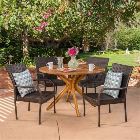 Andrew Outdoor 5 Piece Multibrown Wicker Dining Set With Teak Finish