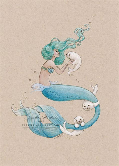 Arctic Mermaid Art Baby Harp Seal Mermaid Print Original Etsy