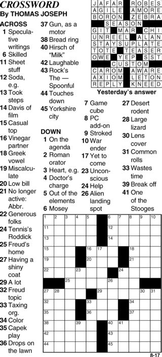 Printable thomas joseph crossword puzzle for today that are exceptional