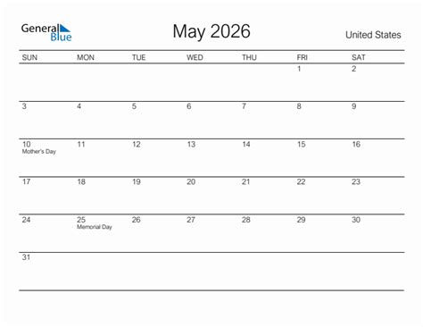 Printable May 2026 Monthly Calendar With Holidays For United States