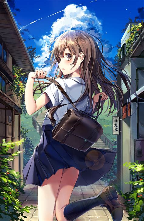 Safebooru 1girl O Absurdres Artist Name Backpack Bag Bangs Black Legwear Blue Skirt Blue Sky