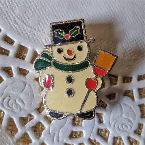 Vintage Korea Christmas Lapel Pin Mini Enamel Cloisonne Snowman Holiday