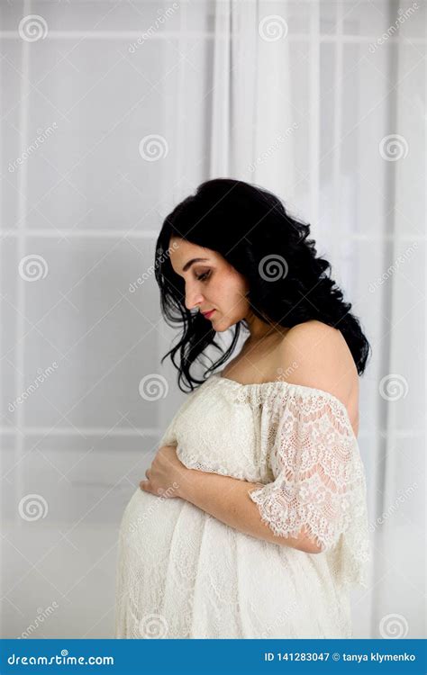 Fashion Portrait Of Happy Pregnant Woman In White Dress Stock Image Image Of Attractive