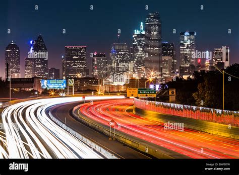 Dallas Skyline By Night Stock Photo Alamy