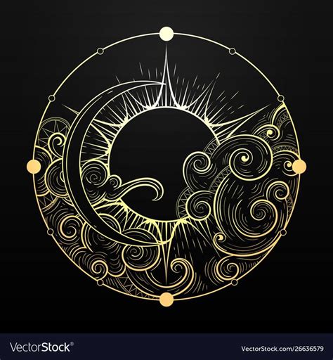 Hand Drawn Golden Sun And Moon With Cloud Vector Image On Vectorstock