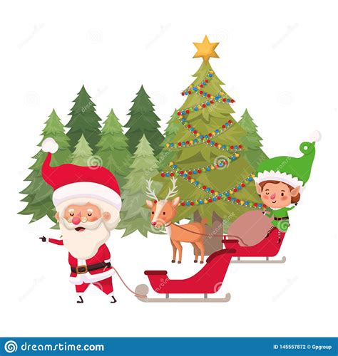 Santa Claus And Elf With Christmas Tree Stock Vector Illustration Of Card Elves 145557872