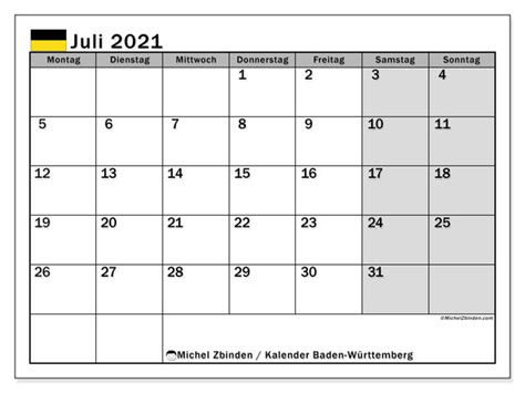 Kostenlos als pdf zum herunterladen und ausdrucken. Kalender "Baden-Württemberg" Juli 2021 zum ausdrucken ...
