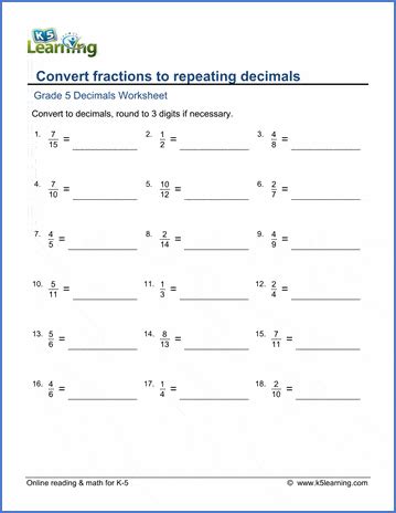 grade  worksheets fractions  decimals  repeating decimals