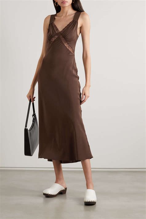 Brown Provence Open Back Lace Trimmed Silk Charmeuse Midi Dress