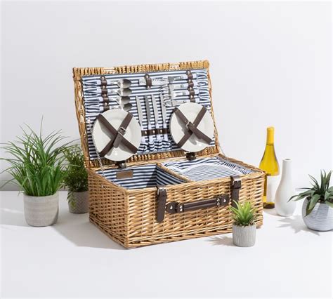 Picnic set for 4 backpack, navy w/ gingham, blanket, & 2 insulated cooler pocket. Providence Woven Picnic Basket - Set for 4 | Pottery Barn