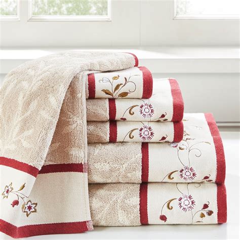 6pc Taupe And Red Floral Embroidered Cotton Jacquard Bath Towel Set