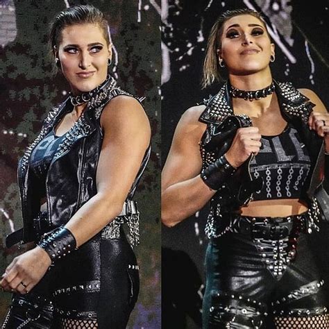 two photos of the same woman in leather outfits one with her hands on her hips