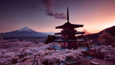 Picture Mount Fuji Japan Volcano Cherry Blossom Churei 3840x2160