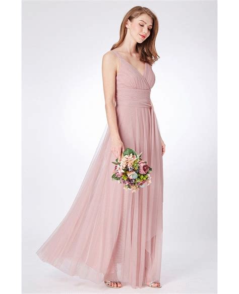 61 Dusty Rose Simple Pleated Tulle Bridesmaid Dress Floor Length