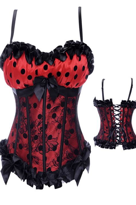 Combination Style Red Corset With Black Polka Dots And Underbust Lace