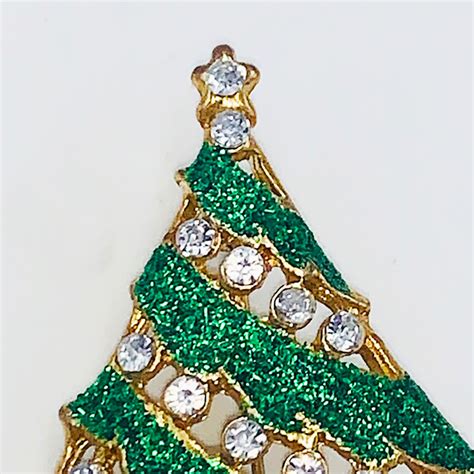 Vintage Christmas Tree Brooch Set With Green And White Rhinestones On