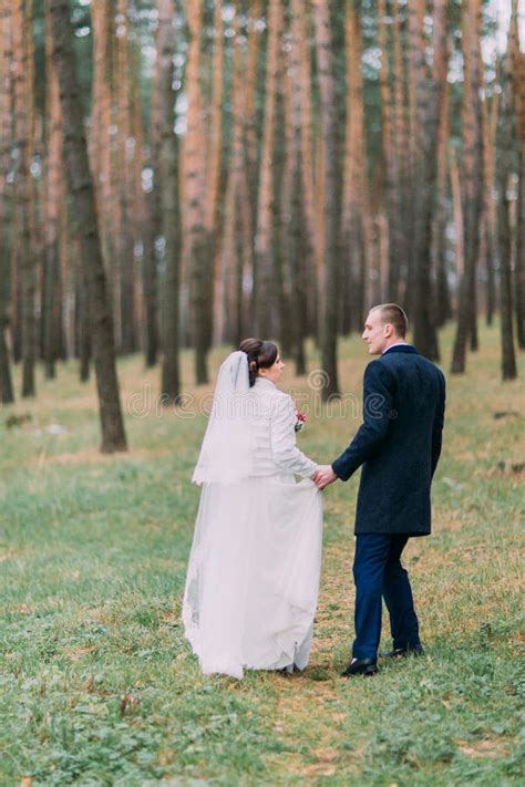 Happy Stylish Newlywed Couple Walking In The Young Pine Forest Back