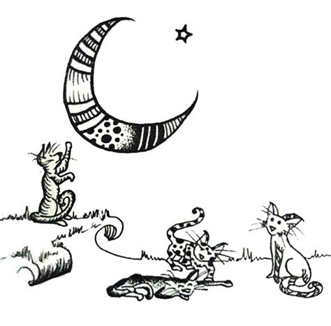 Black And White Line Drawing Cats Under The Moon Art By Perfidious