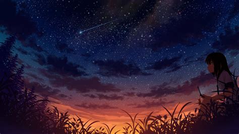 Download Girl With Phone Anime Night Sky Wallpaper